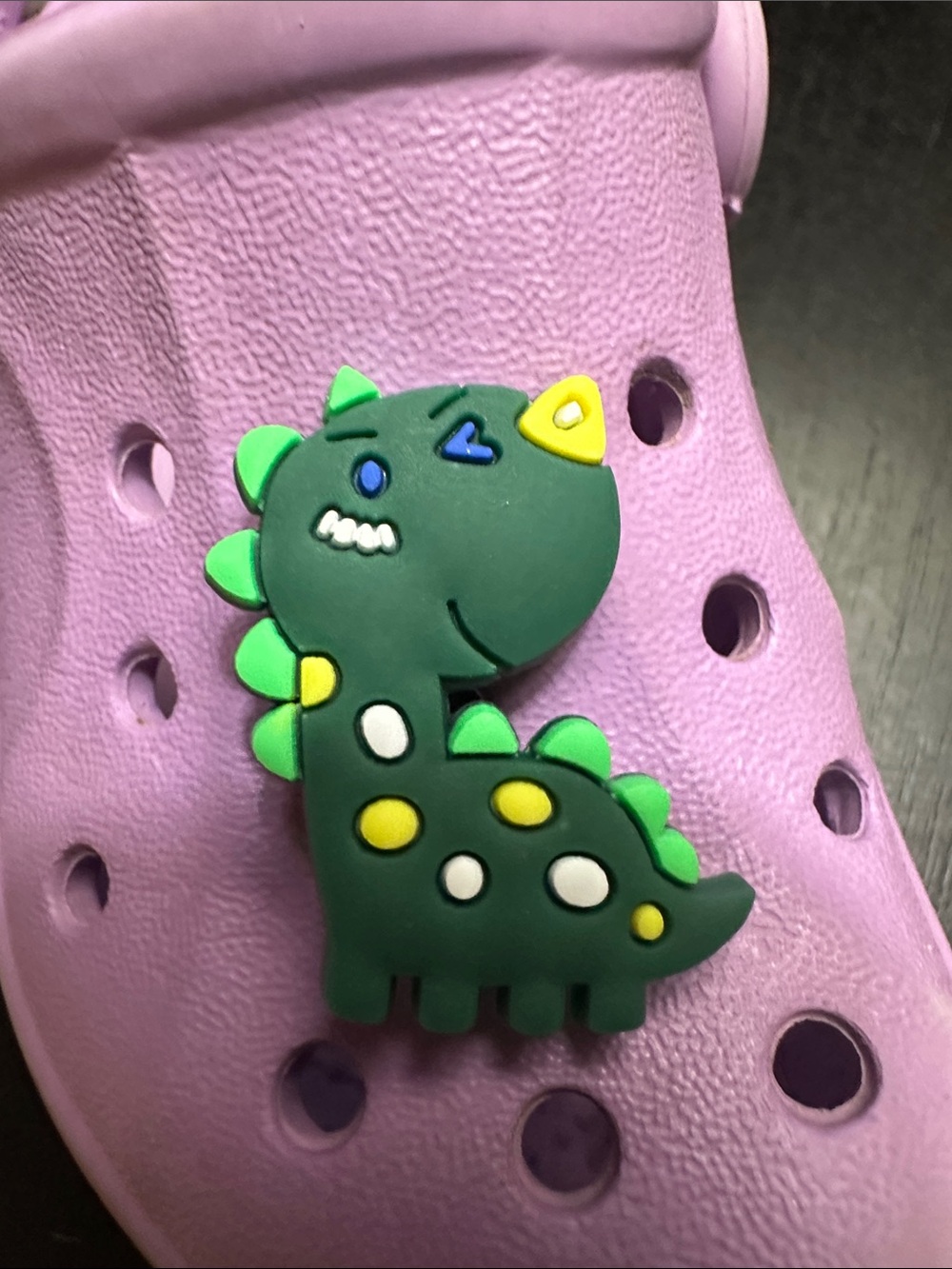 Jibbitz Green Dinosaur Shoe Charm with Yellow & White Accents